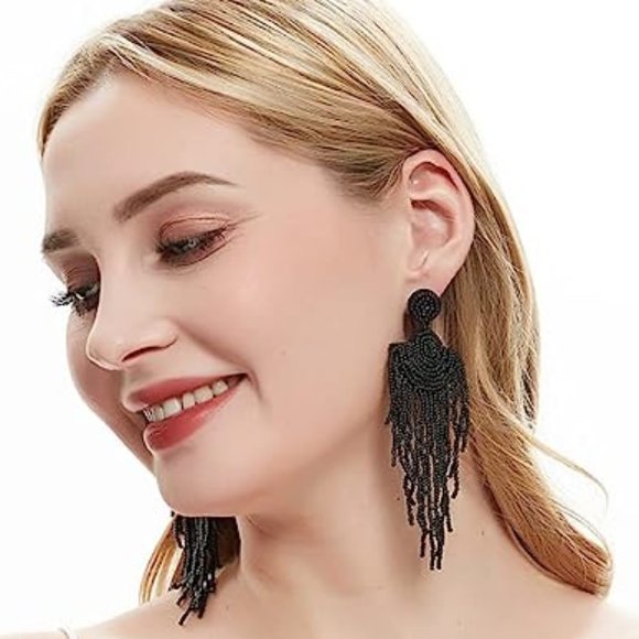 Long Black 4.25" Modern Art Deco Oversized Earrings Beaded Bohemian Tassel New - Picture 4 of 5